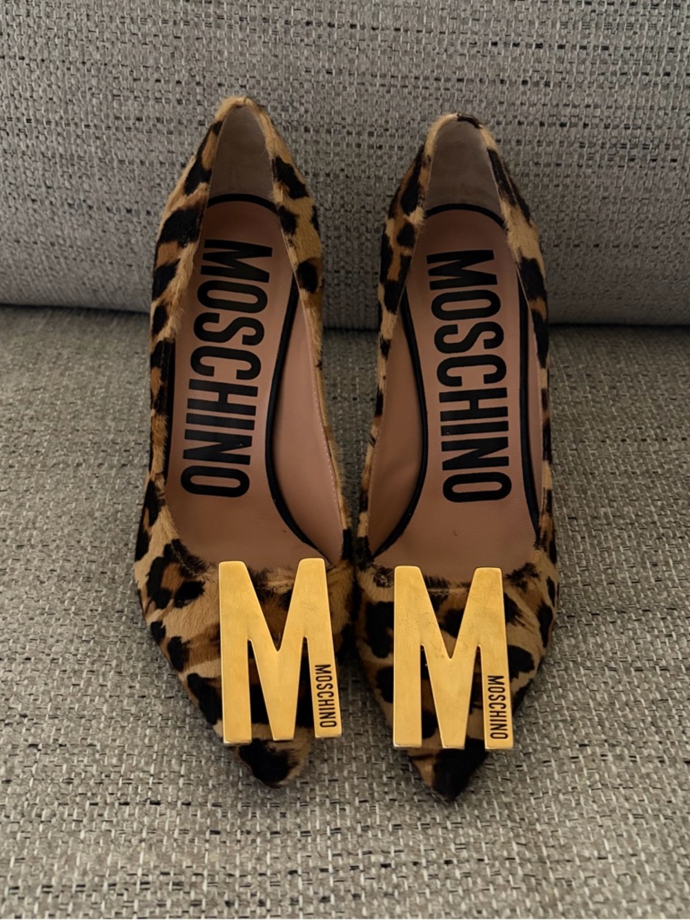 Moschino Leopard-Print Pointed Pumps with Gold M Hardware